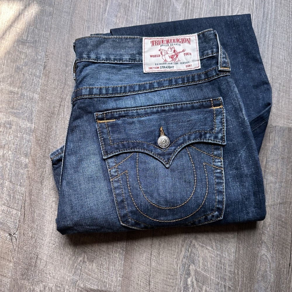 True Religion Men's 38 Blue Super T Flap Jeans Mb3 Thick Stitch Semetary Keef